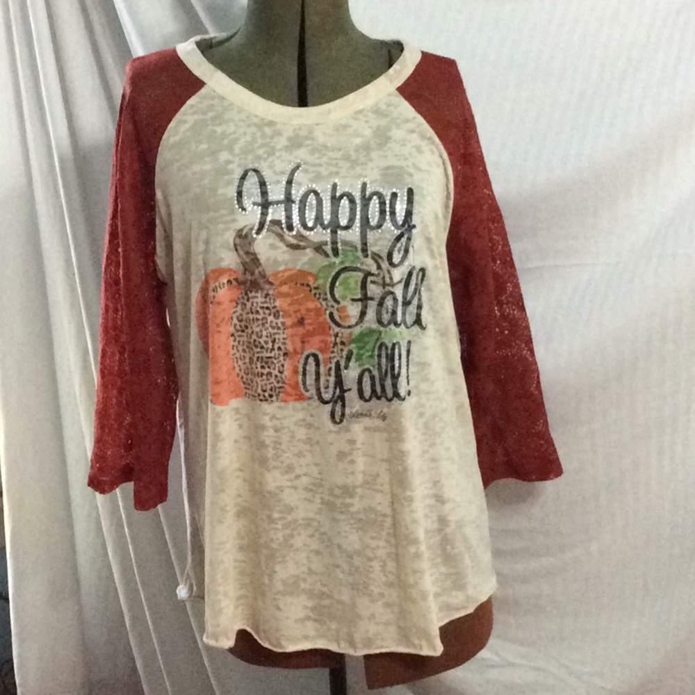 3/4 lace sleeve tee w/ Happy Fall Y’all! XL. A29